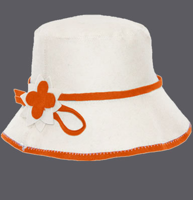 A natural white cloche hat with orange edge and flower design.