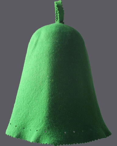 A green one-piece sauna hat on the white background with a loop on the top of it.