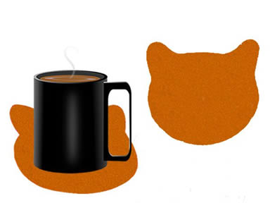 A cup of coffee on the orange cat shaped felt coaster and a detail of cat shaped felt coaster.