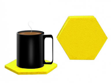 A cup of coffee on the yellow hexagonal felt coaster and a detail of hexagonal coaster.