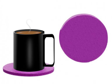 A cup of coffee on the round dark pink felt coaster and a detail of round coaster.