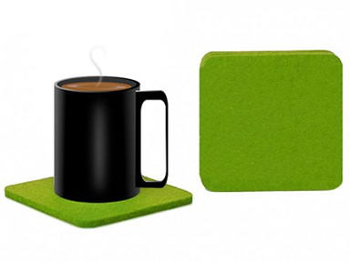 A cup of coffee on the green square felt coaster and a detail of square coaster.