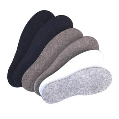 Six wool felt insoles with different colors on the white background.