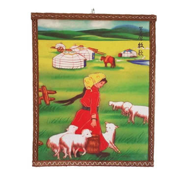 A wool felting painting with a women, several sheep, horse and ger design on it.