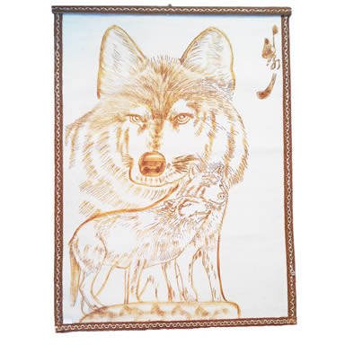 A natural white wool felt with three wolves painting on it.