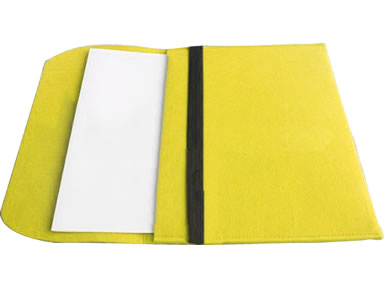 A yellow wool felt document bag with several paper in it and a black elastic band.