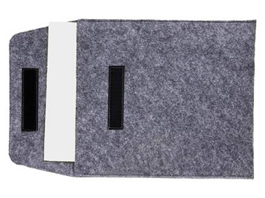 A dark gray velcro wool felt document bag with a piece of paper in it.