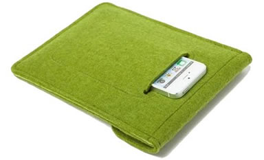 A green vertical felt iPad case with an extra pocket back of the bag.