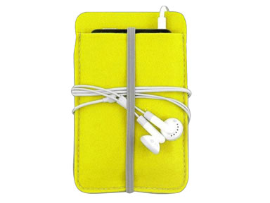 A mobile in a phone bag with the headset is twisted on the bag body and a gray elastic band on the bag.