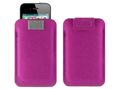 Two dark pink velcro wool felt phone bags and a black iPhone in the one bag.