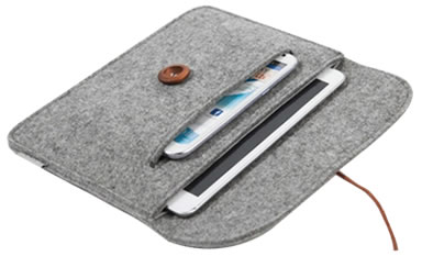 A horizontal wool felt tablet bag with an extra pocket in the front.