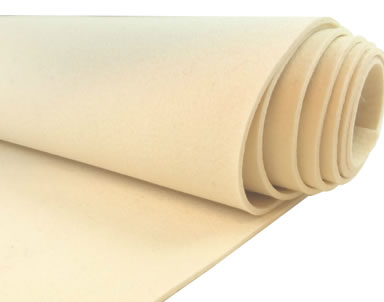A roll of half-spread natural white pressed wool felt on the white background.