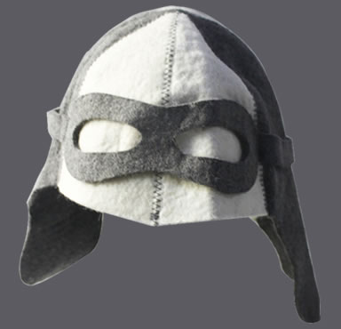 A pilot type ear-flap hat with natural white and gray colors.