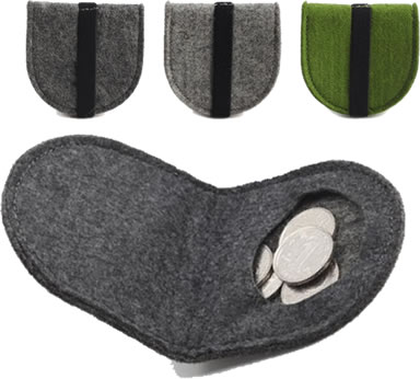 A detail of inner structure of a dark gray folded coil pocket with several coins in it and three different colors bags of outer structure.