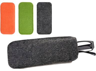 A pair of black glasses in a dark gray minimalism glasses bag and three different colors bags on the top left corner.