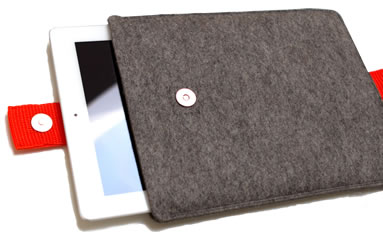 A white iPad is in a dark gray magnetic snap iPad bag