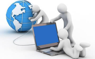 Three persons are connecting the computer to the global.