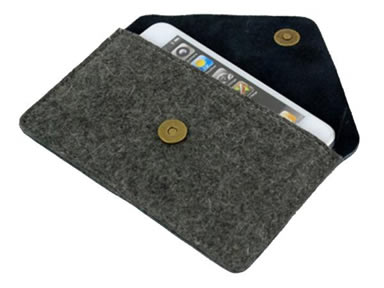 An iPhone is in the dark gray magnetic snap wool felt phone bag.