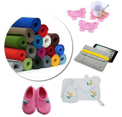Several different colors wool felt rolls and four\ different applications.