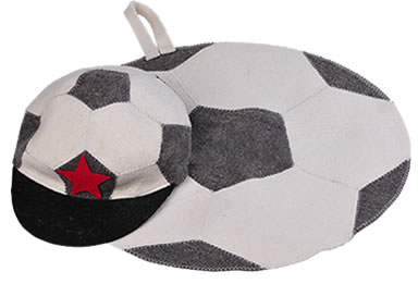 A piece of football design round wool felt sauna mat with a sauna hat on it. 