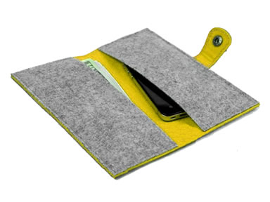 A yellow and light gray long wool felt wallet with an iPhone and several money in it.