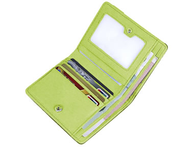 A light green short wool felt wallet with several cards and money in it.